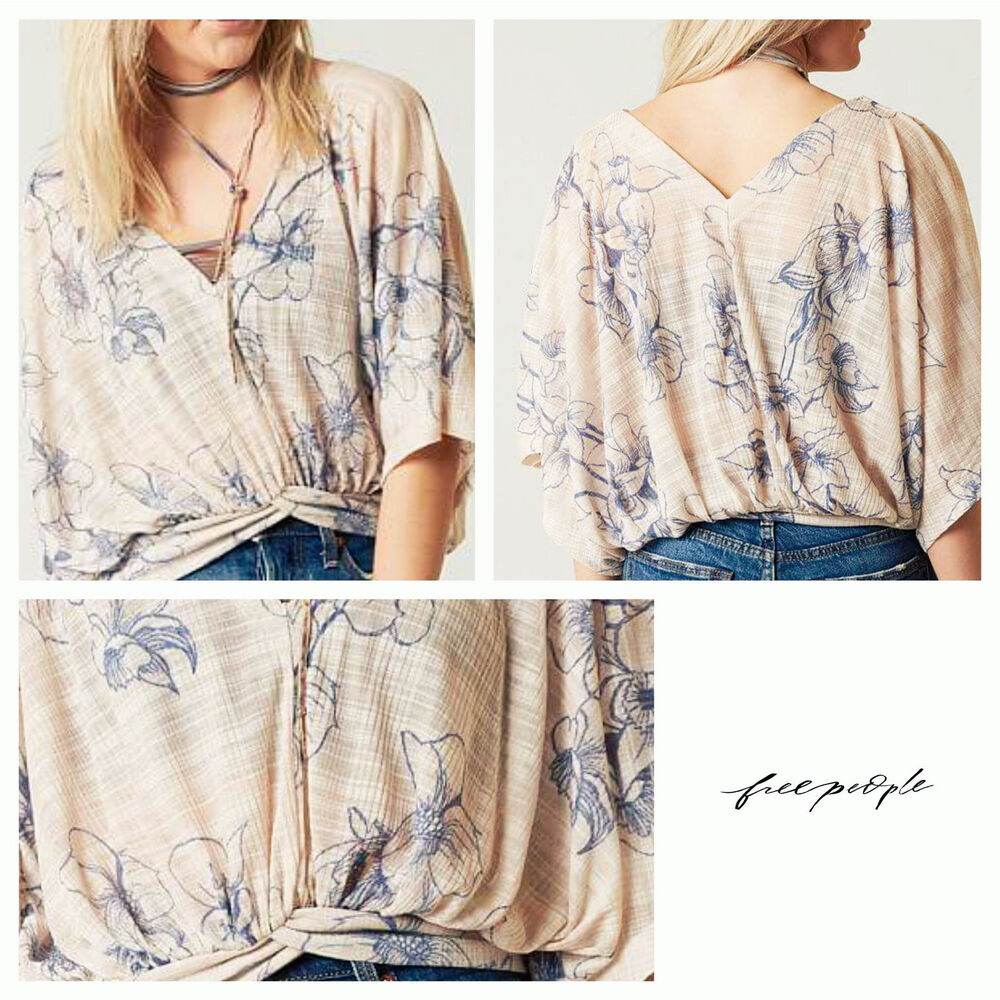 EUC Free People One Dance Textured Floral Print Top‎ Sz. XS [0-2] Cream Blue